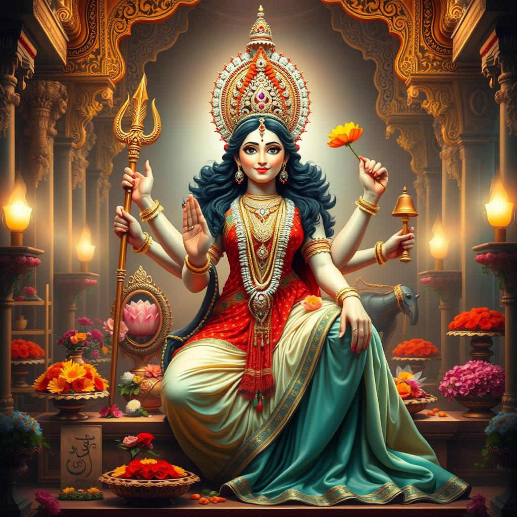 An artistic depiction of the Indian goddess Durga Mata gracefully seated in a temple, surrounded by colorful offerings and intricate temple architecture, radiating divine energy and strength