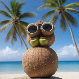 A young coconut personified as an observant watcher, peering through binoculars made of smaller coconuts, exploring the busy beach scene surrounded by palm trees and azure sea.