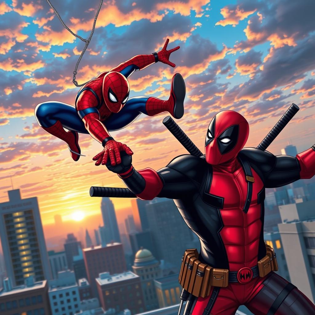 An epic clash between Spider-Man and Deadpool, taking place on the rooftops of a vibrant city at sunset