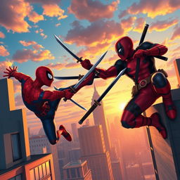 An epic clash between Spider-Man and Deadpool, taking place on the rooftops of a vibrant city at sunset