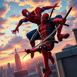 An epic clash between Spider-Man and Deadpool, taking place on the rooftops of a vibrant city at sunset