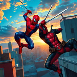 An epic clash between Spider-Man and Deadpool, taking place on the rooftops of a vibrant city at sunset