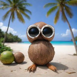 A young coconut personified as an observant watcher, peering through binoculars made of smaller coconuts, exploring the busy beach scene surrounded by palm trees and azure sea.