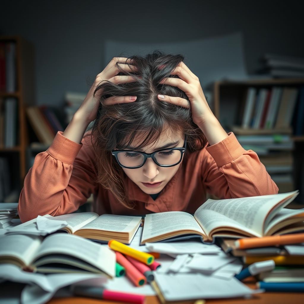 A stressed and overwhelmed university student in a competitive academic environment, struggling to keep up with her studies