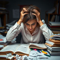 A stressed and overwhelmed university student in a competitive academic environment, struggling to keep up with her studies