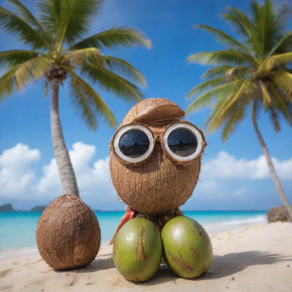 A young coconut personified as an observant watcher, peering through binoculars made of smaller coconuts, exploring the busy beach scene surrounded by palm trees and azure sea.