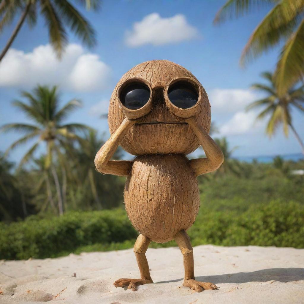 A young coconut personified as a vigilant observer, looking through binoculars made from smaller coconuts, inspecting the vibrant beach surround with a backdrop of palm trees.