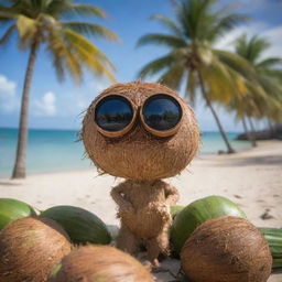 A young coconut personified as a vigilant observer, looking through binoculars made from smaller coconuts, inspecting the vibrant beach surround with a backdrop of palm trees.