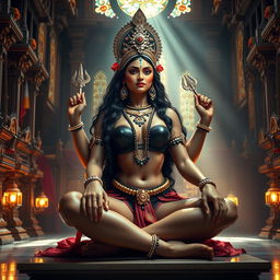 A striking representation of the Indian goddess Durga Mata seated gracefully in a temple