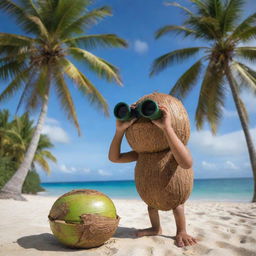 A young coconut personified as a vigilant observer, looking through binoculars made from smaller coconuts, inspecting the vibrant beach surround with a backdrop of palm trees.