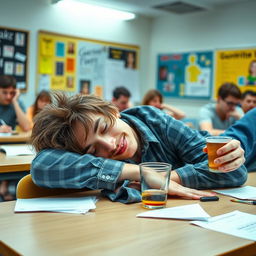 A carefree university student lounging across classroom tables, exuding a party spirit and a disregard for studying