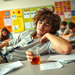 A carefree university student lounging across classroom tables, exuding a party spirit and a disregard for studying