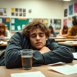 A carefree university student lounging across classroom tables, exuding a party spirit and a disregard for studying