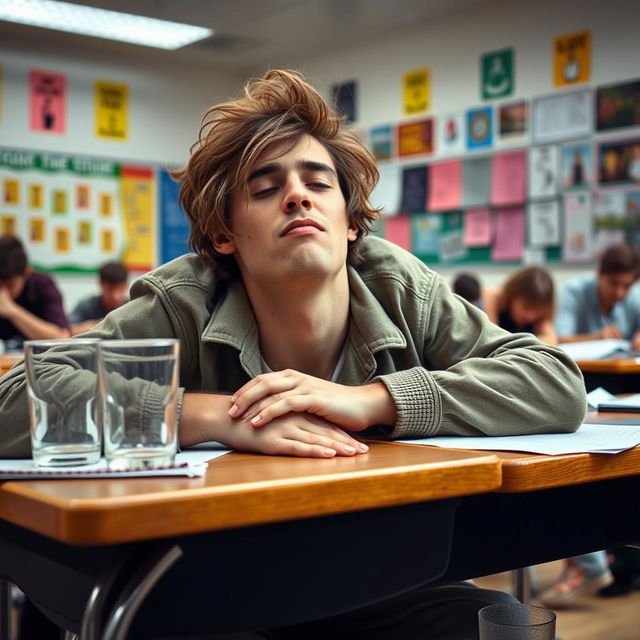 A carefree university student lounging across classroom tables, exuding a party spirit and a disregard for studying