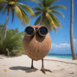 A young coconut personified as a vigilant observer, looking through binoculars made from smaller coconuts, inspecting the vibrant beach surround with a backdrop of palm trees.