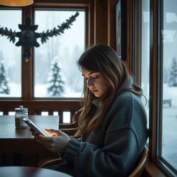 A very sad girl sitting alone in a cozy Finnish café, surrounded by snowy landscapes visible through the window