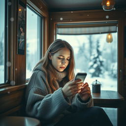 A very sad girl sitting alone in a cozy Finnish café, surrounded by snowy landscapes visible through the window