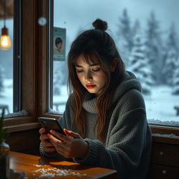 A very sad girl sitting alone in a cozy Finnish café, surrounded by snowy landscapes visible through the window