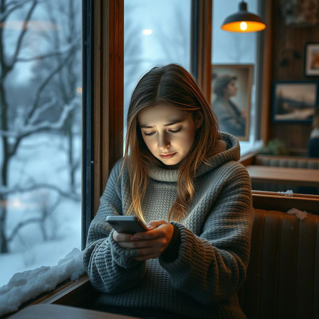 A very sad girl sitting alone in a cozy Finnish café, surrounded by snowy landscapes visible through the window