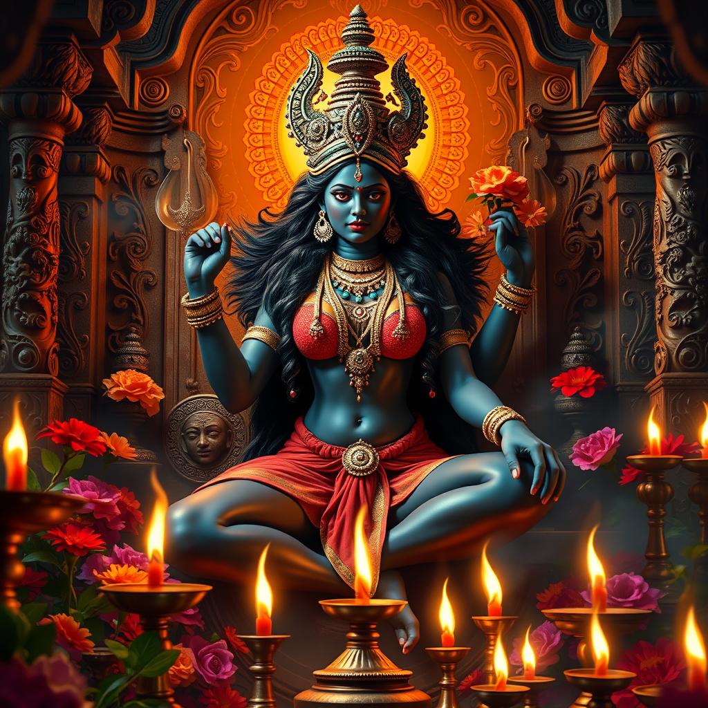 A powerful depiction of Goddess Kali Mata seated in a traditional Hindu temple, surrounded by intricate carvings and vibrant flowers