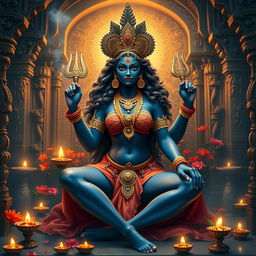 A powerful depiction of Goddess Kali Mata seated in a traditional Hindu temple, surrounded by intricate carvings and vibrant flowers