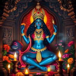 A powerful depiction of Goddess Kali Mata seated in a traditional Hindu temple, surrounded by intricate carvings and vibrant flowers