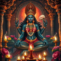 A powerful depiction of Goddess Kali Mata seated in a traditional Hindu temple, surrounded by intricate carvings and vibrant flowers