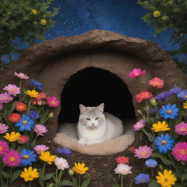 Inside Luna's cozy burrow, surrounded by vibrant, blooming flowers under a starlit sky.