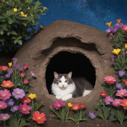 Inside Luna's cozy burrow, surrounded by vibrant, blooming flowers under a starlit sky.