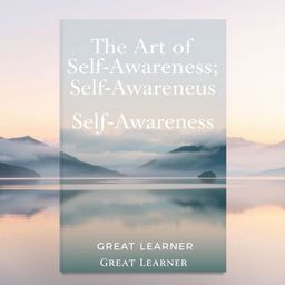 A sophisticated book cover for 'The Art of Self-Awareness' by Great Learner, showcasing a serene landscape that represents inner peace and reflection