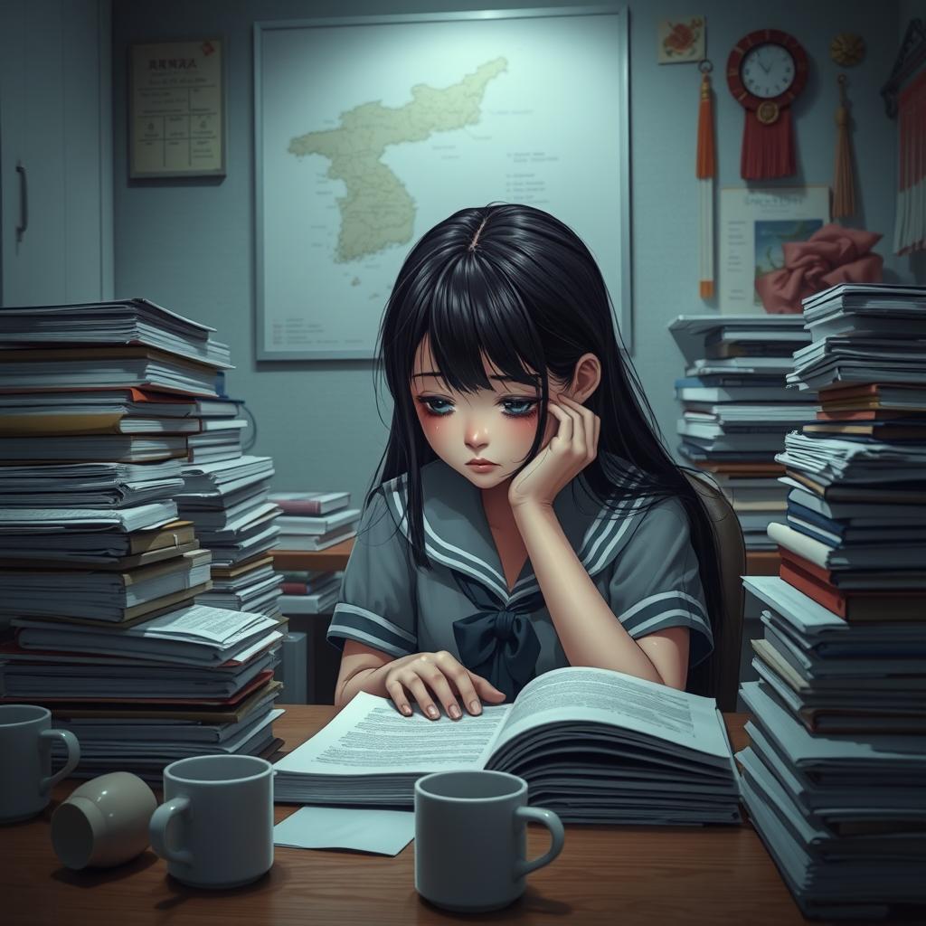 A very sad girl sitting at a cluttered study desk filled with piles of books and papers, representing the heavy workload at school