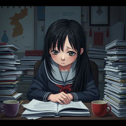 A very sad girl sitting at a cluttered study desk filled with piles of books and papers, representing the heavy workload at school