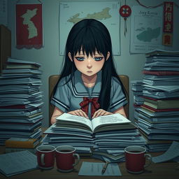 A very sad girl sitting at a cluttered study desk filled with piles of books and papers, representing the heavy workload at school