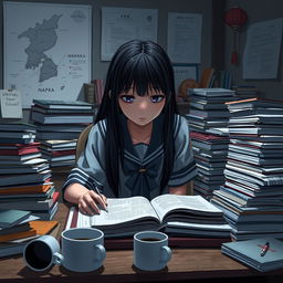 A very sad girl sitting at a cluttered study desk filled with piles of books and papers, representing the heavy workload at school