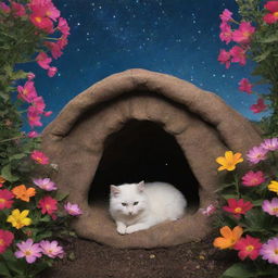 Inside Luna's cozy burrow, surrounded by vibrant, blooming flowers under a starlit sky.