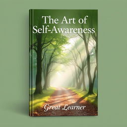 A beautifully designed book cover for 'The Art of Self-Awareness' by Great Learner, featuring a peaceful nature scene that conveys a sense of reflection and tranquility