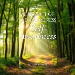 A beautifully designed book cover for 'The Art of Self-Awareness' by Great Learner, featuring a peaceful nature scene that conveys a sense of reflection and tranquility