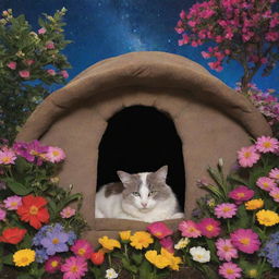 Inside Luna's cozy burrow, surrounded by vibrant, blooming flowers under a starlit sky.