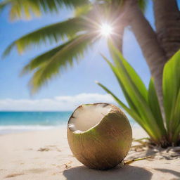 An image capturing the moment of a newborn coconut emerging from a palm tree, sparkling with vitality under the tropical sun, with a landscape of a lush beach background.