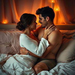 A sensual and romantic scene showcasing an intimate moment between two adults in a cozy, softly lit bedroom