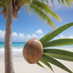 An image capturing the moment of a newborn coconut emerging from a palm tree, sparkling with vitality under the tropical sun, with a landscape of a lush beach background.