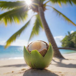 An image capturing the moment of a newborn coconut emerging from a palm tree, sparkling with vitality under the tropical sun, with a landscape of a lush beach background.