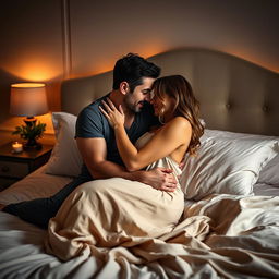 An intimate and passionate scene of a husband and wife in a romantic bedroom setting, engaged in the 69 position on a plush bed