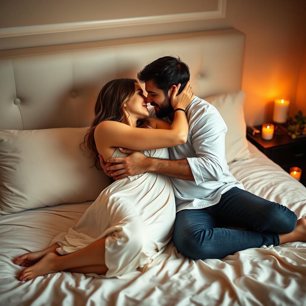 An intimate and passionate scene of a husband and wife in a romantic bedroom setting, engaged in the 69 position on a plush bed