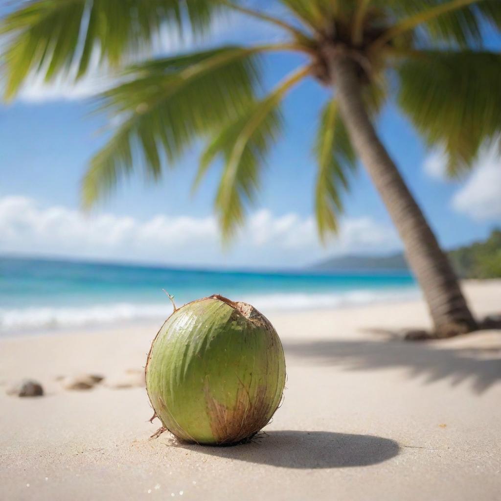 An image capturing the moment of a newborn coconut emerging from a palm tree, sparkling with vitality under the tropical sun, with a landscape of a lush beach background.