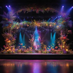 A vibrant, fantasy nature-inspired stage filled with magical lights and vivid colors, exuding a playful and enchanting aesthetic.