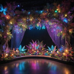 A vibrant, fantasy nature-inspired stage filled with magical lights and vivid colors, exuding a playful and enchanting aesthetic.