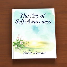 A captivating book cover for 'The Art of Self-Awareness' by Great Learner, featuring a serene watercolor illustration of a reflective lake surrounded by lush greenery and delicate blossoms