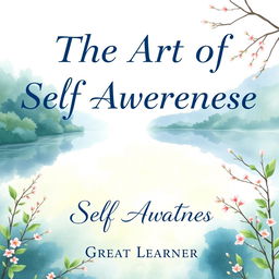 A captivating book cover for 'The Art of Self-Awareness' by Great Learner, featuring a serene watercolor illustration of a reflective lake surrounded by lush greenery and delicate blossoms