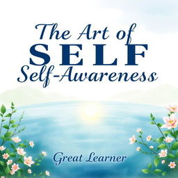 A captivating book cover for 'The Art of Self-Awareness' by Great Learner, featuring a serene watercolor illustration of a reflective lake surrounded by lush greenery and delicate blossoms